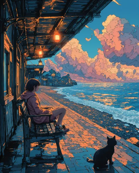 A melancholic anime-style scene of a lone traveler sitting on a wooden bench at an old seaside train station during sunset. The sky is a mesmerizing blend of deep blues, purples, and warm oranges, with scattered clouds reflecting the fading sunlight. The o...