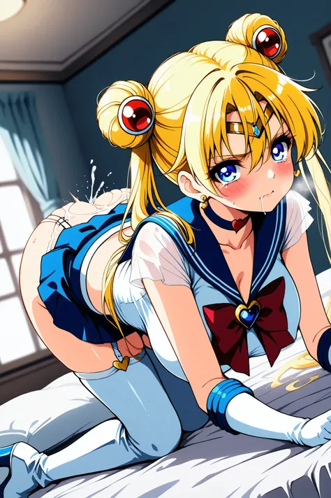 reia_kosu,1 female,solo,pretty,
supersailormoon,

double bun,blonde hair,twintails,
hair between the eyes,

blue eyes,big eyes,drooping eyes,
long eyelashes,sleepy eyes,

back,crawling on all fours,low angle,
from side,
extreme close-up behind Buttocks,low...