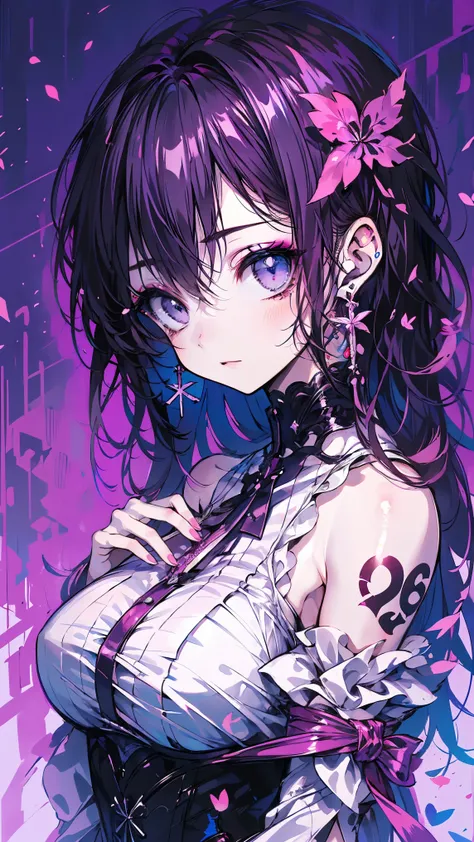 (Big Eyes:1.4)1 girl, , GLOVING SKIN, high contrast((mastepeice, Top Quality))(eyeshadow:1.3)(Eyelashes:1.2)earrings, Viewers,bare shoulders,upper body, Tattoo,  eyelashes, eyeshadow,highlight color hairstyle,INNER COLOR, Behind the ear, straight slutty , ...