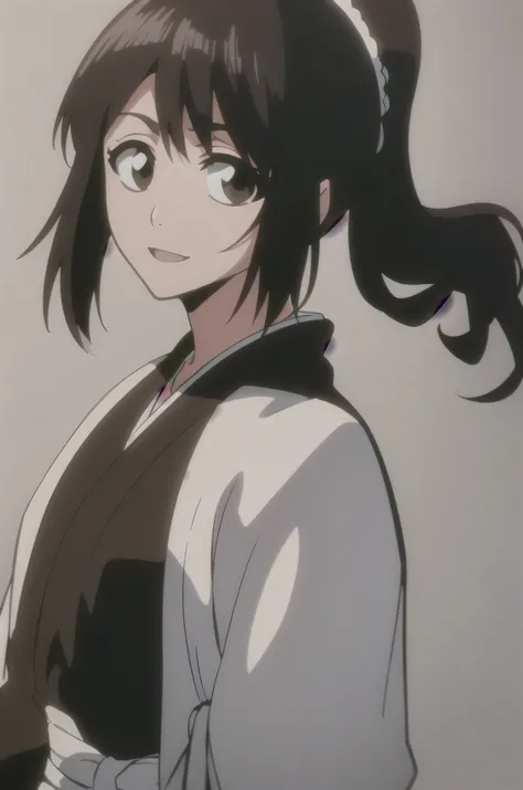 masterpiece,  top quality ,
 1 girl from the side ,   romantic love ,    black hair,  single , ponytail, Vancouver,  brown eyes,
 Hair bangs,
   kimono, white sleeveless coat ,Captain's coat without white sleeves,  black  kimono ,
smile, alone,   I'm looki...