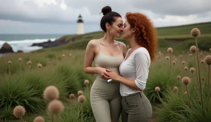 Two women, lesbian love, deep desire, botany, flowers, coastal community garden, medicinal flowers, kiss, intimate, abandoned lighthouse. A beautiful old female landscape architect(50 year old copper-brown skin and black curly hair in messy topknot, sundre...
