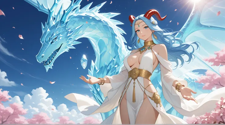 Masterpiece, Best Quality, Top Quality, Very Detailed, 1 girl, A beautiful fantasy anime girl with long wavy blue hair and red horns, standing gracefully under soft sunlight. She wears an elegant white and gold oriental outfit with intricate details, featu...