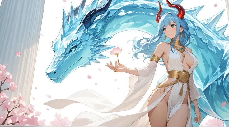 Masterpiece, Best Quality, Top Quality, Very Detailed, 1 girl, A beautiful fantasy anime girl with long wavy blue hair and red horns, standing gracefully under soft sunlight. She wears an elegant white and gold oriental outfit with intricate details, featu...