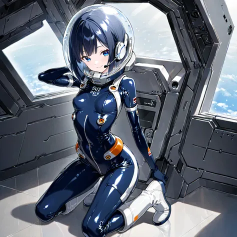 (masterpiece、Top Quality、highest resolution from vagina、 Clear Images 、 Detailed Details ):(full body、20 year old girl、the face of Japan、Xiaoyan、 Slim、 dark blue super short bob cut hair 、(Hidden small breasts:1.3)、 Sparkling Blue Eyes 、white and navy blue...