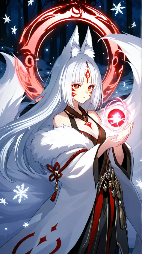 A mystical silver-haired fox spirit (kitsune) woman standing in a snowy enchanted forest at night. She has long flowing white hair, sharp fox ears, nine large fluffy white tails, and glowing red markings on her cheeks. She wears an elegant red and black fa...