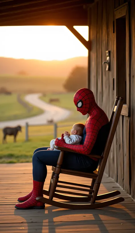 UHD, 4k, ultra detailed, cinematic, a photograph of Cinematic Spider-Man style a man in a spider - man suit, Spider-Man sitting on a wooden rocking chair outside a rustic barn porch. He’s in full costume, mask on, yet his posture is calm and relaxed. In h...