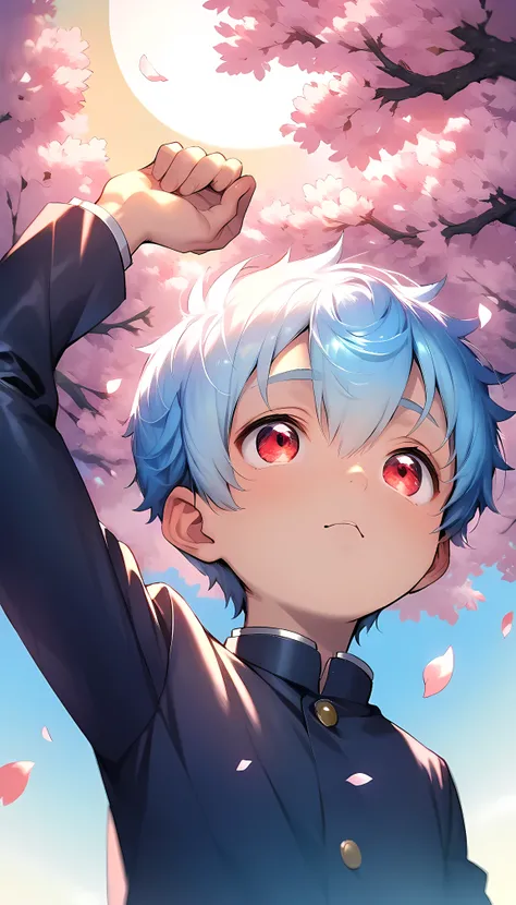 (score_9, score_8_up, score_7_up), (perfect face:1.2), (detailed face:1.3), (detailed eyes:1.3), shiny eyes, (masterpiece eyes), (cute face:1.2), (solo), (shota:1.4), (standing under cherry blossoms), (arm up straight:1.5), (finger extended), (gakuran:1.3)...