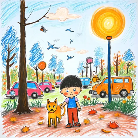 masterpiece, image, illustration, portrait of a , boy and , s, Passing by the city street, cars, pedestrians, Very green , flowers and birds in the blue sky, sun and clouds