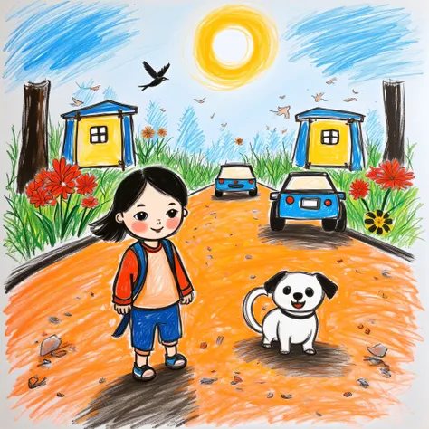 masterpiece, image, illustration, portrait of a , boy and , s, Passing by the city street, cars, pedestrians, Very green , flowers and birds in the blue sky, sun and clouds