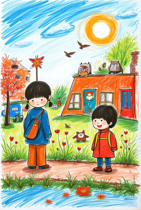 masterpiece, image, illustration, portrait of a , boy and , s, Passing by the city street, cars, pedestrians, Very green , flowers and birds in the blue sky, sun and clouds