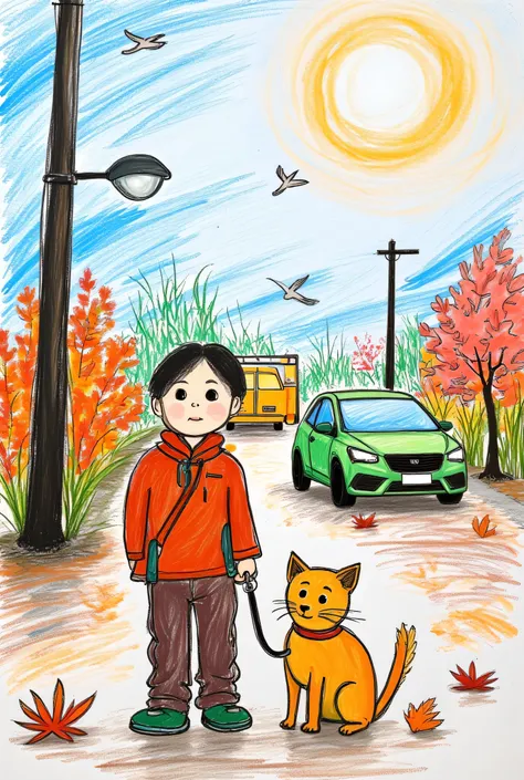 masterpiece, image, illustration, portrait of a , boy and , s, Passing by the city street, cars, pedestrians, Very green , flowers and birds in the blue sky, sun and clouds