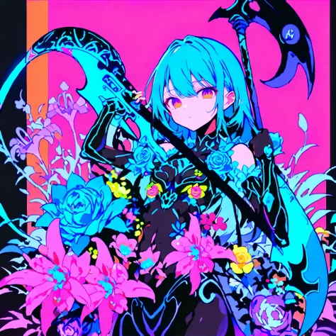 1girl, pretty face、Baby Face、((( best composition、Top Quality、masterpiece、Super Detail、high definition、perfect anatomy)))、neon color palette、Cyan、black light、Neon color border、I have a neon-colored Shinigami scythe、scythe is decorated with flowers、Deep Com...