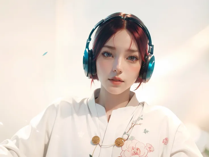 Masterpiece, Best quality, Highly detailed, 1girll, Solo, (:3:1.1), long red hair, red hair, long hair, spiky hair on left side, hair, Fluffy hair, Blush, red eyes, glasses, red eyes, red eye color, flower, Gradient, Gradient background, hair flower, hair ...