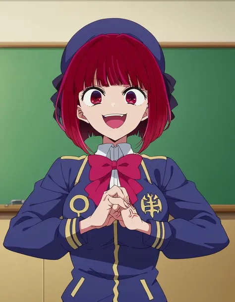 score 9 、score 8 up、score 7 up、source anime、masterpiece、Top Quality、high image quality、high resolution、anime coloring、1girl、kana arima、、kana arima、solo、 red hair 、blunt bangs、Short Hair、bob cut、red eyes、Big Breasts、big  on the floor、gray skirt、long sleeve、...