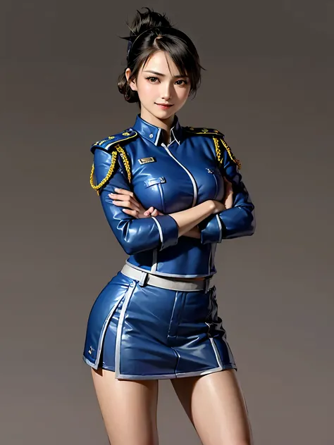 ((((A woman in a blue military uniform,military,miniskirt,simple background,Confident Expression,Fearless Smile,Arms crossed pose, standing with legs open)))),1 woman,3/4 shots,Highly Detailed Face and Skin Textures, perfect beauty : 1.4, fine grain,double...
