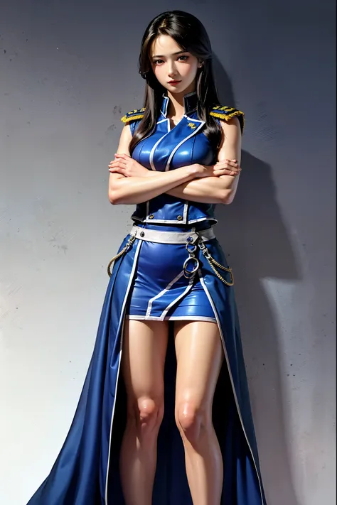 ((((A woman in a blue military uniform,military,miniskirt,simple background,Confident Expression, long straight hair, Arms crossed pose, standing with legs open)))),1 woman,3/4 shots,Highly Detailed Face and Skin Textures, perfect beauty : 1.4, fine grain,...