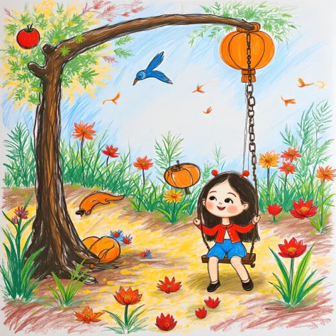 masterpiece, image, illustration, portrait of a , boy and , s, playing in the park, Very green , flowers and birds in the blue sky, sun and clouds, Swing on the tree with fruits