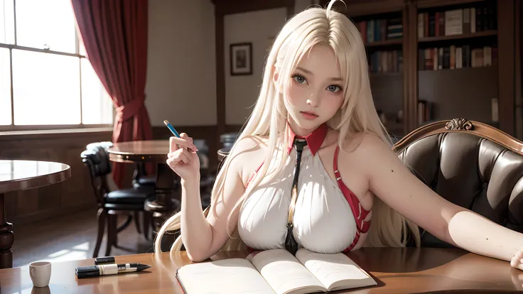 score_9, score_8_up, score_7_up, BREAK source_anime, (masterpiece), (best quality), 1girl, long hair, white hair, ahoge, dress, thighhighs, closeup upper body, sitting on chair, cafe, notebook on table, grabbing a pen, (from above:0.6), (from side:0.6), (u...