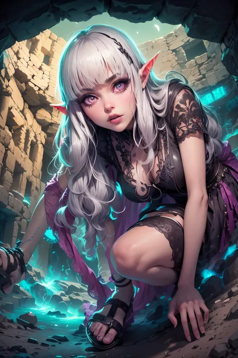 (Ultra-detailed face, Looking away, Gothic Illustration, Dark tone colors. She has five fingers on her hands and five toes on her feet.), BREAK
(Prehistoric ruins. Cappadocia-like ruins in Turkey. Dimly lit space. Fantastic. Mysterious. Contrasts of ligh...