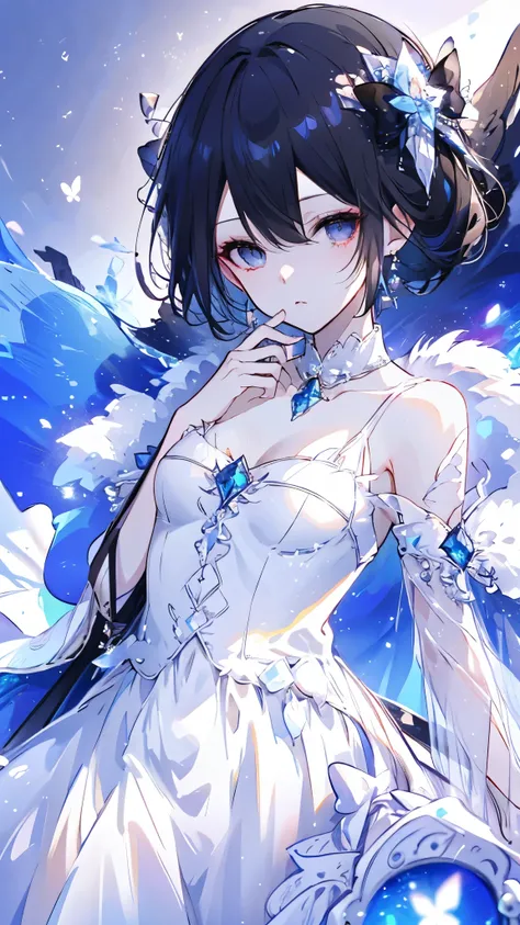 masterpiece,very aware,highres,absurdres,newest,best quality,high quality,loli,petite,chromatic_aberration, //, 1girl,solo,long hair,dress,looking at viewer,white eyes,glass,grey eyes,white dress,black hair,broken glass,flower,white theme,bare shoulders,bl...