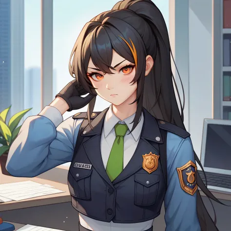 score_9, score_8_up, score_7_up, score_6_up, score_5_up, score_4_up, BREAK source_anime, 1girl, solo, Indoor, office, standing, looking at viewer, zhu yuan, orange eyes, black hair, long hair, streaked hair, ponytail, metal hairband, police uniform, blue j...