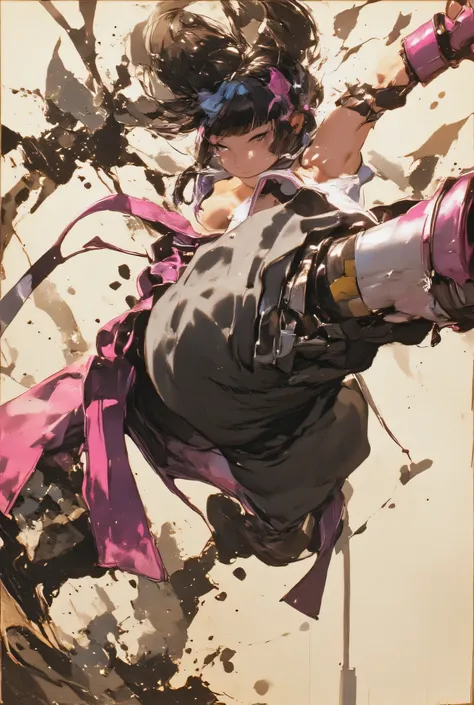 Ink painting、Old Paper Texture、 Damaged Paper 、(( girl showing off an upper-turn kick in a street fight、pose with super movement、Composition with Movement、shining eyes、Kick with speed:1.4)),  ArsMJStyle, Zen Ink Wash Sumi-e、rough stroke anime、Top Quality、D...