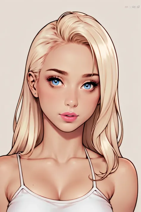 
Flat colors,close-up, portrait,  of a 2 surfer looking girl, tan skin, ([light blueish eyes]) blonde wavy hair, natural beaty, (([beautiful lips, light pink lipstick])) Beautiful, casual, low sitting tank top, cleavage,  masterpiece, (([Simple grey backgr...