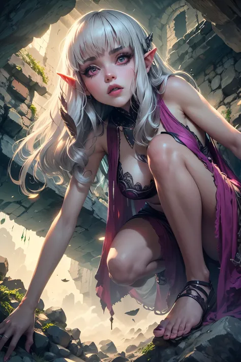 (Ultra-detailed face, Looking away, Gothic Illustration, Dark tone colors.  She has five fingers on her hands and five toes on her feet.), BREAK 
(Prehistoric ruins. Cappadocia-like ruins in Turkey. Dimly lit space. Fantastic. Mysterious. Contrasts of ligh...