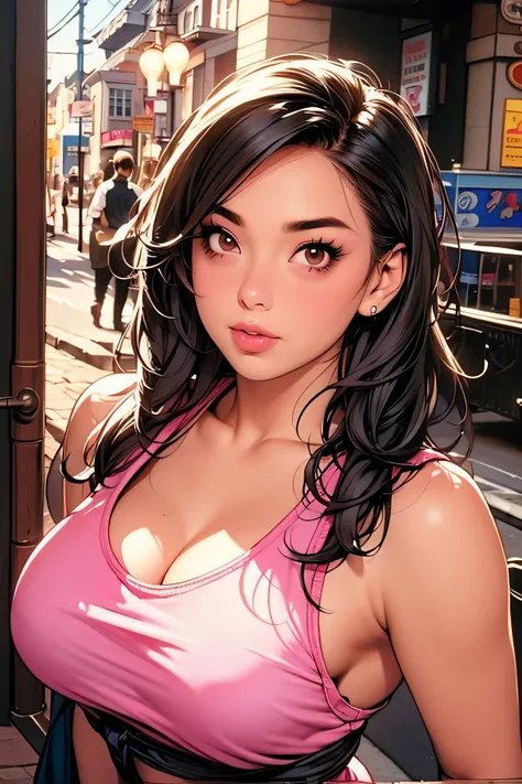 (perfect face), black hair, long hair, black thin eyebrows, brown eyes, black eyeliners, nose, blushing, thick lips, pink lips, lips parted, collarbone, cleavage, medium breasts, purple tank top, beautiful face, city, street