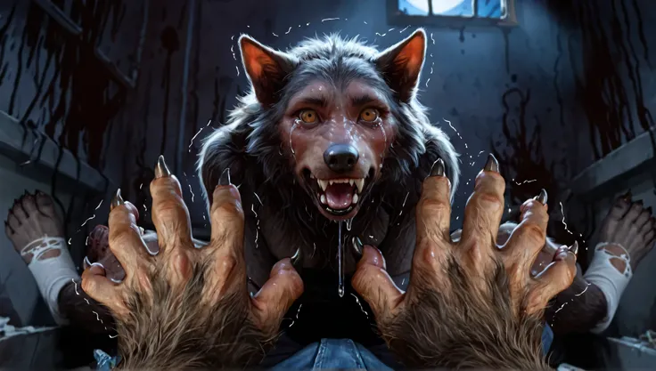 Pov:1.3, sitting, view from view perspective, 1st view, 1person, female, Werewolf transformation, morfing, [werewolf: human:0.7], [arms: paws:0.7], [red human skin: fur: 0.5], [human face: snout:0.5], wolf nose, detailed fur, gradual fur, Skin, spread, sha...