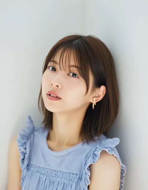 The image is a close-up portrait of a young Asian woman . She has brown hair that reaches her shoulders 、Her bangs hang over her shoulders . Her hair is loosely trimmed in waves 、 it looks like it's hanging on her forehead . And the blue and white stripe...