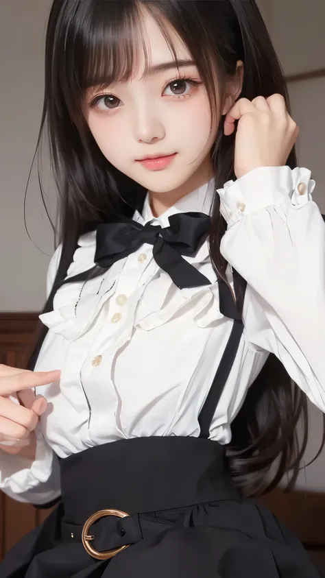The girl has long hair and is wearing a white shirt and a black skirt, Anime Moe Art Style, Tiny Curvy Girl, cute girl visual , Rorish, tsuaii, Loli Dress, beautiful breasts, Nagatoro , girl in maid clothes, 黒いドレスを着たanime girl, anime girl、The name Lucy,...