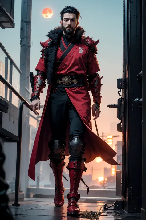 One man, young man, white hairs, subtle beard, red and black colour, futuristic samurai, mechanical armour, cyberpunk, mechanical breastplate, shoulder pads, full body, bull body, boots, body tight fit clothes, red shirt, black pants, black trenchcoat, whi...
