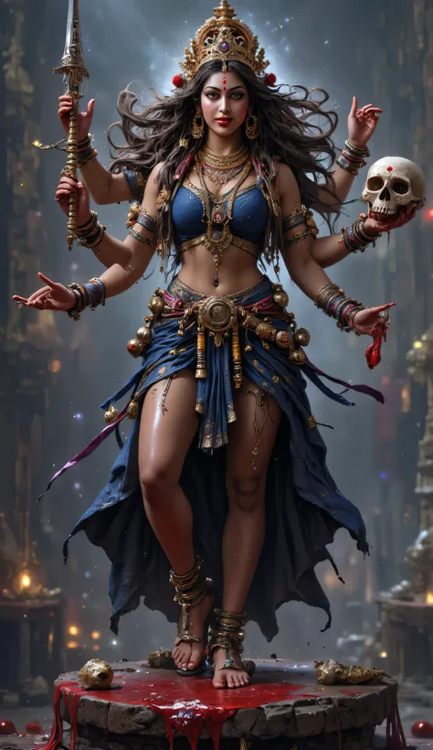 Hindu crowned goddess kali standing naked full body wearing a garland of big skulls, long, wild, flowing black hair to the knees, tangled and slightly windblow, dark blue skin with four arms holding a sword, trident, bloody skull and her big red tounge out...