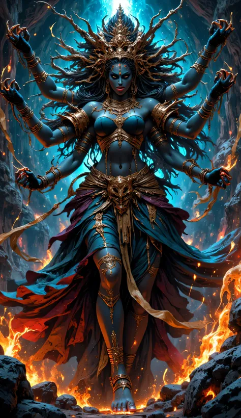 (((KALI))) best quality, ultra-high resolution, 4K detailed CG, master piece, KALI, Hindu goddess,Dancing, Hindu mythology, Hindu image,((Dancing)), aesthetic, centered on screen, full body