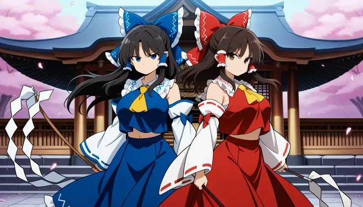 absurdres, highres, masterpiece, best quality, amazing quality, official anime artwork, screencap, anime screencap, outdoors, looking at viewer, dynamic pose, shrine, 2girls, side by side, light particles, petals, yin yang orb, danmaku, BREAK
floating hair...