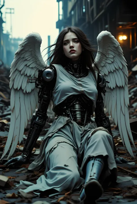Battle Angel Angel: Fallen Angel) A dimly lit, haunting mechanical scrapyard at dusk, with long shadows stretching over crumbling machinery and scrap. In a close-up, an angel with a mechanical body in dirty and tattered clothes, delicate and complex machin...