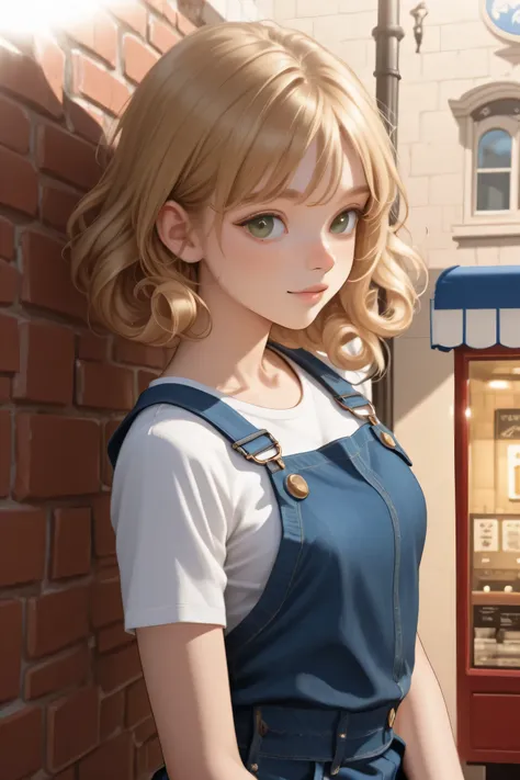 young woman 18 years old, pleasant and friendly, Short curly golden hair with freckles and a green eyes, sitting at a booth, White round neck t-shirt with blue denim overalls, background Brick blocks, sunlight coming from the side.