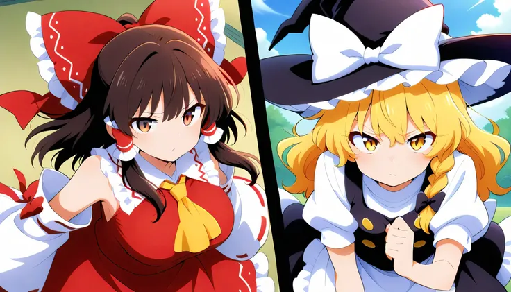 kirisame marisa, 2girl, solo, blonde hair, yellow eyes, single braid,
witch hat, hair bow, black bow, white ribbon, black skirt, black shirt, short sleeves, waist apron, white sleeves
, vs , large breast,mini haneko,escoba,hakurei reimu, 1girl, solo, brown...