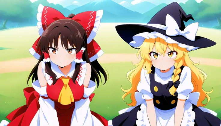 kirisame marisa, 2girl, solo, blonde hair, yellow eyes, single braid,
witch hat, hair bow, black bow, white ribbon, black skirt, black shirt, short sleeves, waist apron, white sleeves
, vs , large breast,mini haneko,escoba,hakurei reimu, 1girl, solo, brown...