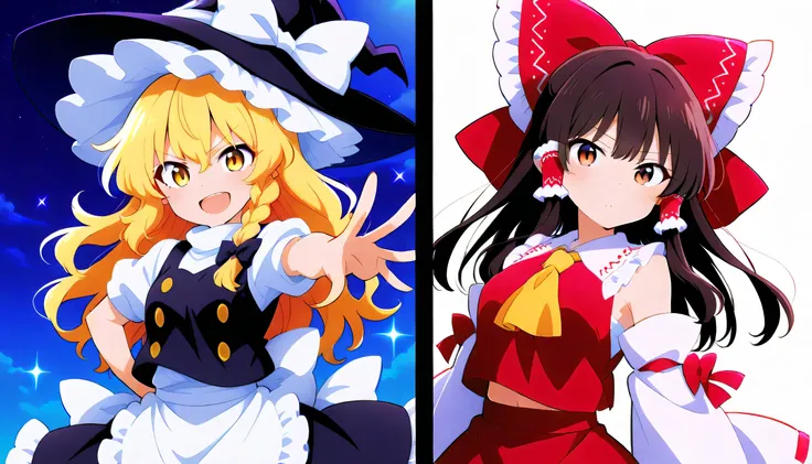 kirisame marisa, 2girl, solo, blonde hair, yellow eyes, single braid,
witch hat, hair bow, black bow, white ribbon, black skirt, black shirt, short sleeves, waist apron, white sleeves
, vs , large breast,mini haneko,escoba,hakurei reimu, 1girl, solo, brown...