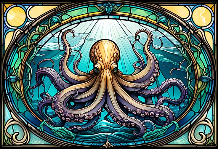 a close up of a stained glass picture of an Octopus, Vector Art by Meredith Dillman, shutterstock, art nouveau, cthulhu squid, Cephalopods , Octopus goddess, anthropomorphic Octopus, Stained Glass Art, Brilliant Tentacles , leviathan cthulhu squid, Cthulhu...