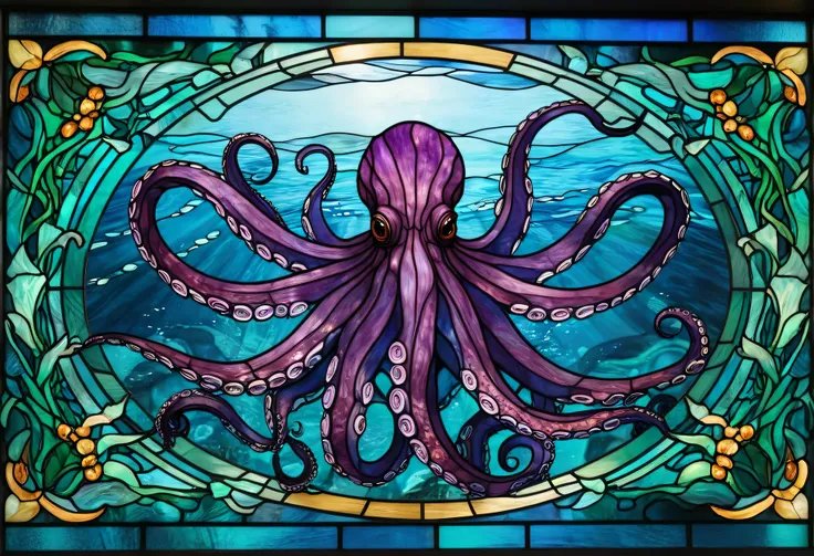 a close up of a stained glass picture of an Octopus, Vector Art by Meredith Dillman, shutterstock, art nouveau, cthulhu squid, Cephalopods , Octopus goddess, anthropomorphic Octopus, Stained Glass Art, Brilliant Tentacles , leviathan cthulhu squid, Cthulhu...