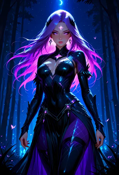 a fantasy beautiful bride walking in a fantasy forest, a beautiful bride best detailed face, dynamic hair color, dynamic hair style, the moon is rising there are star in the sky, romantic atmosphere , cinematic light, High Detail, Ultra High Quality, High ...