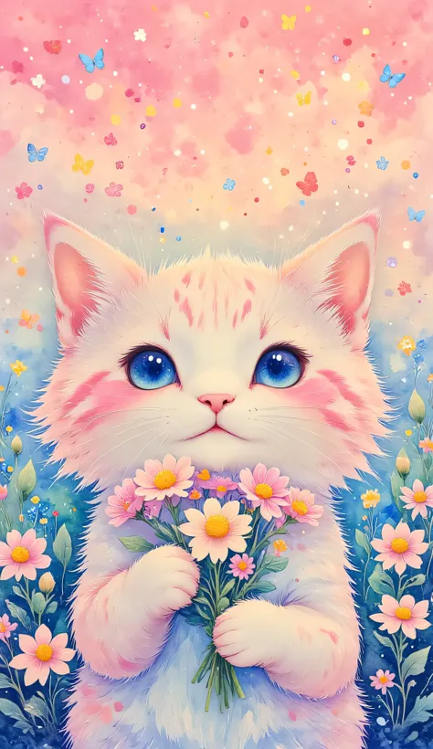 Cute cats and flowers，Hold the flowers，There is a bright smile ,Have fun，Light pink background， Bright Scenery ，Pastel tones，rich in elements，The look of the face is rich in details,，ultra high definition、KHD、8k