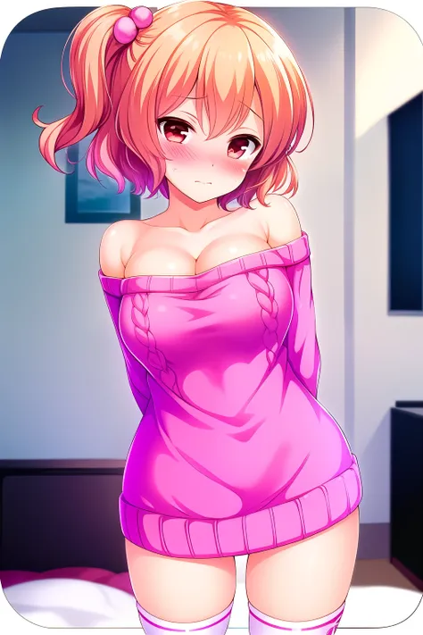 (masterpiece, best quality), very detailed background, perfect lighting, best quality, (close up face:1.3), {1 girl, (Arms behind back:1.7), (Standing:1.3), Red eyes, Hair between eyes, (panic), (Blush:1.7), {Short hair, (One side up), (Pink Hair Bobble), ...