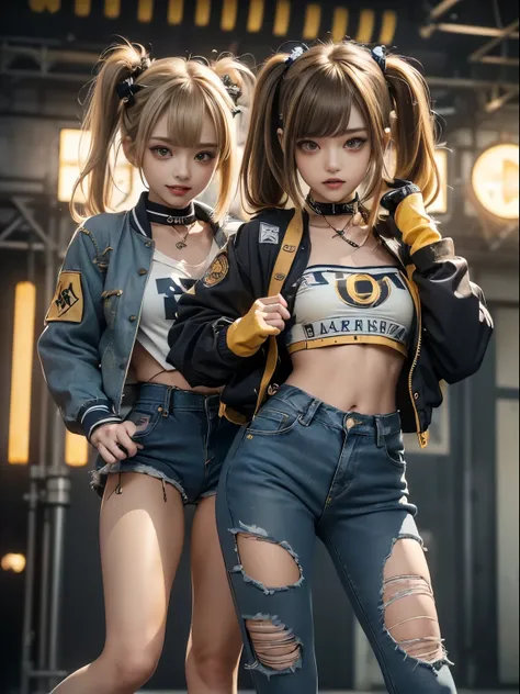 (Two Girls,2 girls:1.5)、(shows his teeth and laughs:1.3),(Shibuya Gal:1.5)、(Race Queen Costume:1.4)、(Neo-goth fashion:1.4)、( punk rock visual:1.4)、( modern navy and yellow and white bomber jacket:1.5)、(Tattered red denim pants:1.5)、(Olive headband:1.3)、(C...