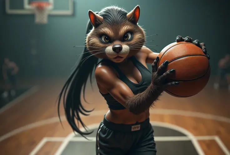Muscular Beaver Female unparalleled basketball players Anthropomorphe Wendigo Dreamgirl Fullbodyfur make a difficult move to throw the ball into the basket.top view.Sports girl Anthro NBA basketball player Wolverin,full body fur,baby face,small breasts,3Da...