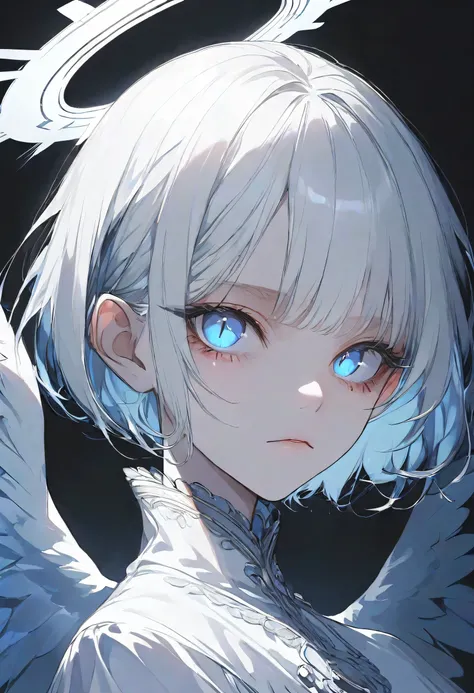 face only,angel Girl,midnight,Negative,silver hair,Blue pupil,short hair, black background,halo,face focus,