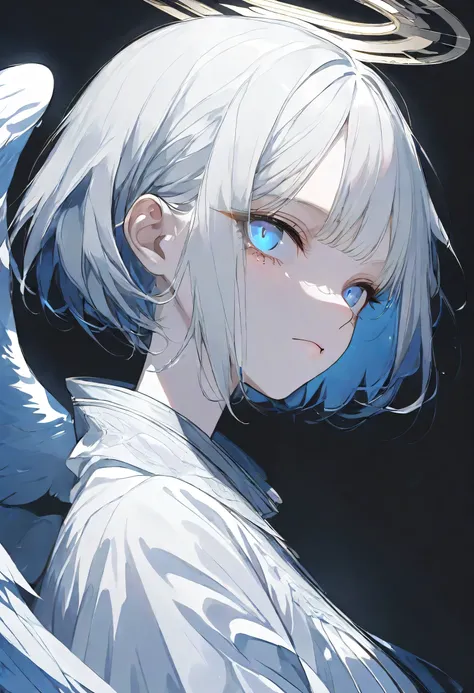 face only,angel Girl,midnight,Negative,silver hair,Blue pupil,short hair, black background,halo,face focus,